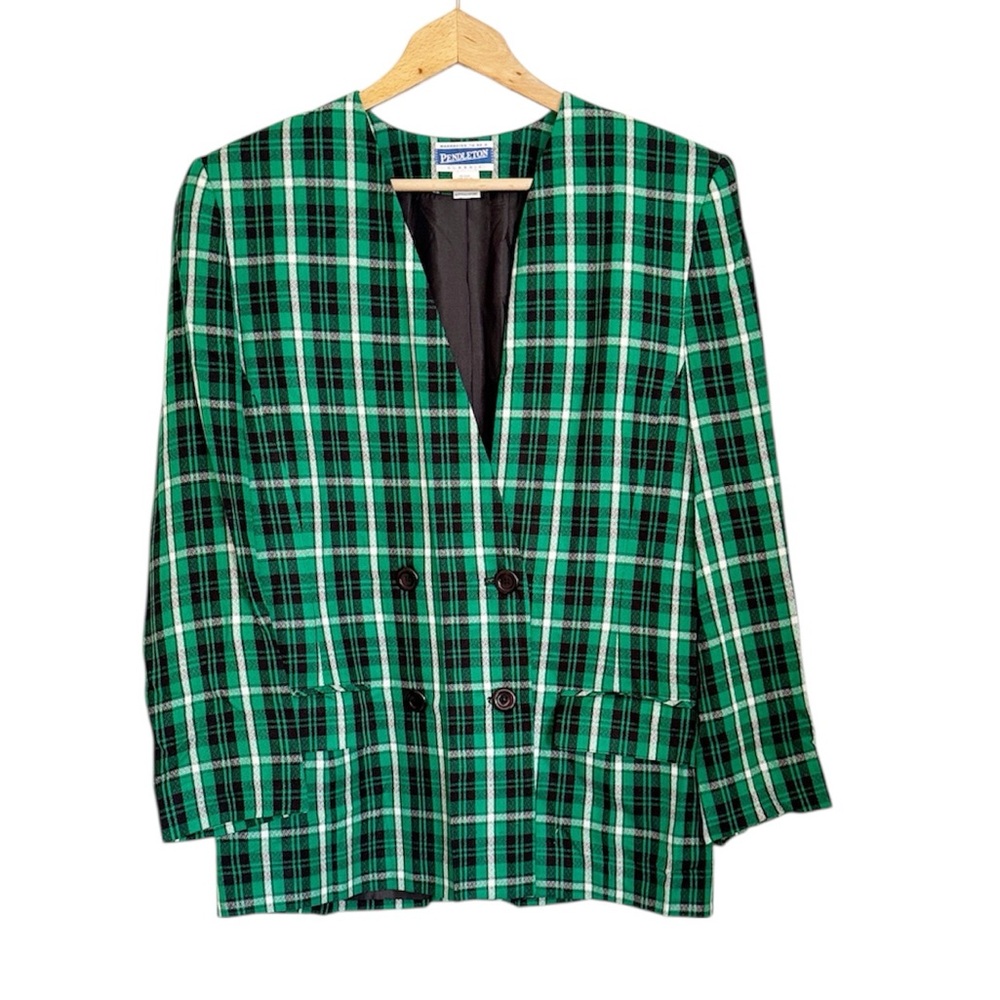 Vintage Pendleton Green Black Preppy Plaid Double Breasted Blazer Jacket size 12